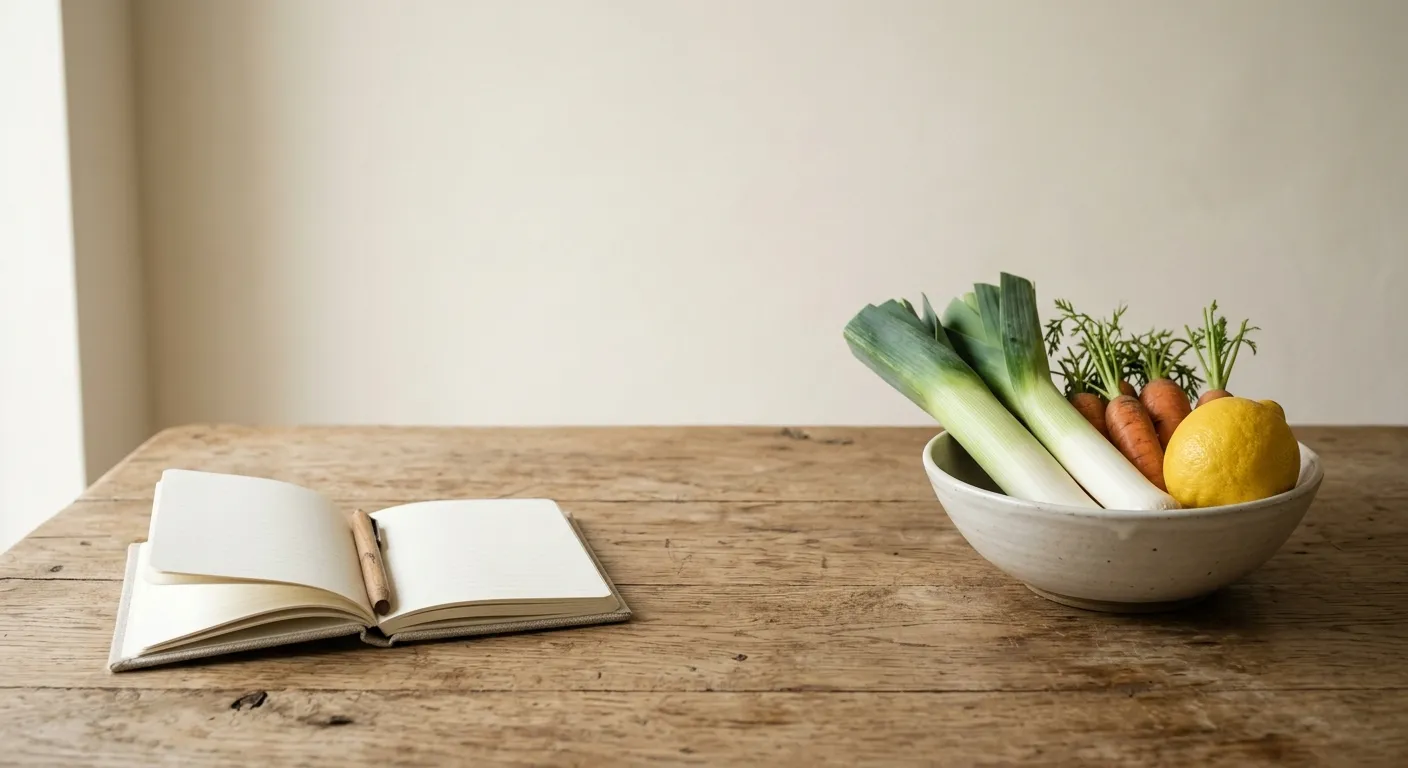 A small notebook and a bowl of seasonal vegetables on a kitchen table