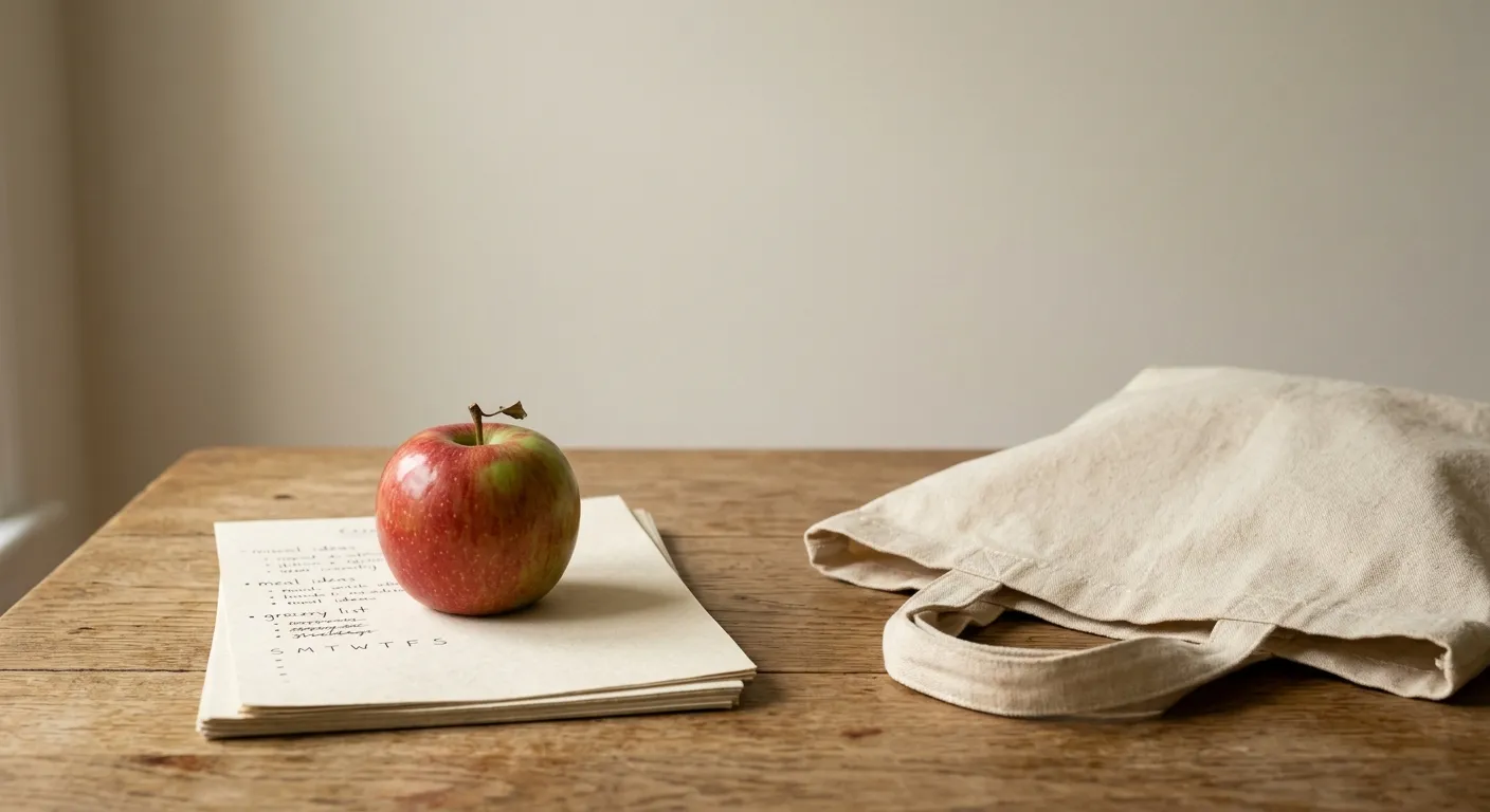 A Sunday kitchen table with a weekly plan and a grocery list held down by an apple