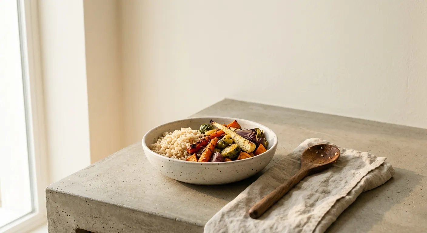 A bowl of leftover roast vegetables and rice on a kitchen counter, ready to become another dinner