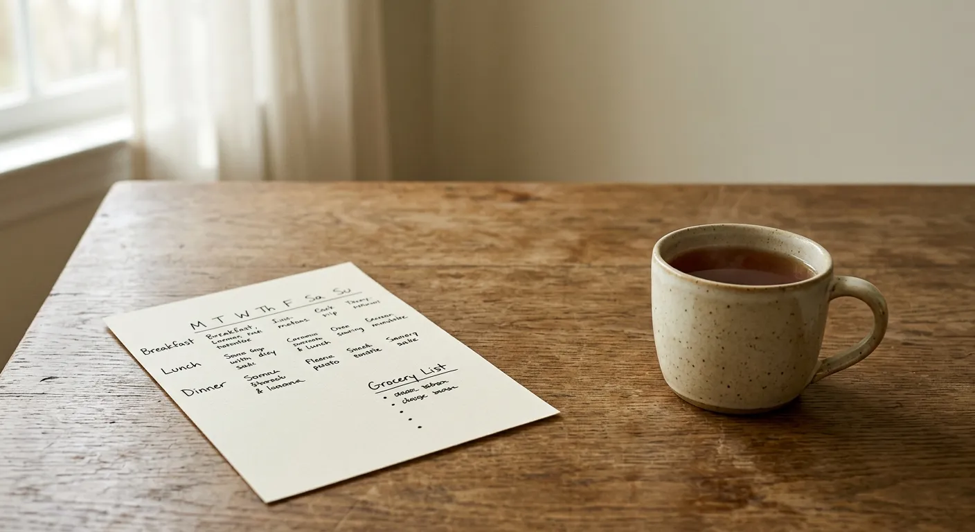 A handwritten weekly meal plan on a kitchen table with a mug of tea and a shopping list