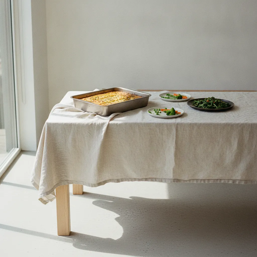 One shared traybake dinner on a kitchen table with two children's plates, some vegetables pushed to the side