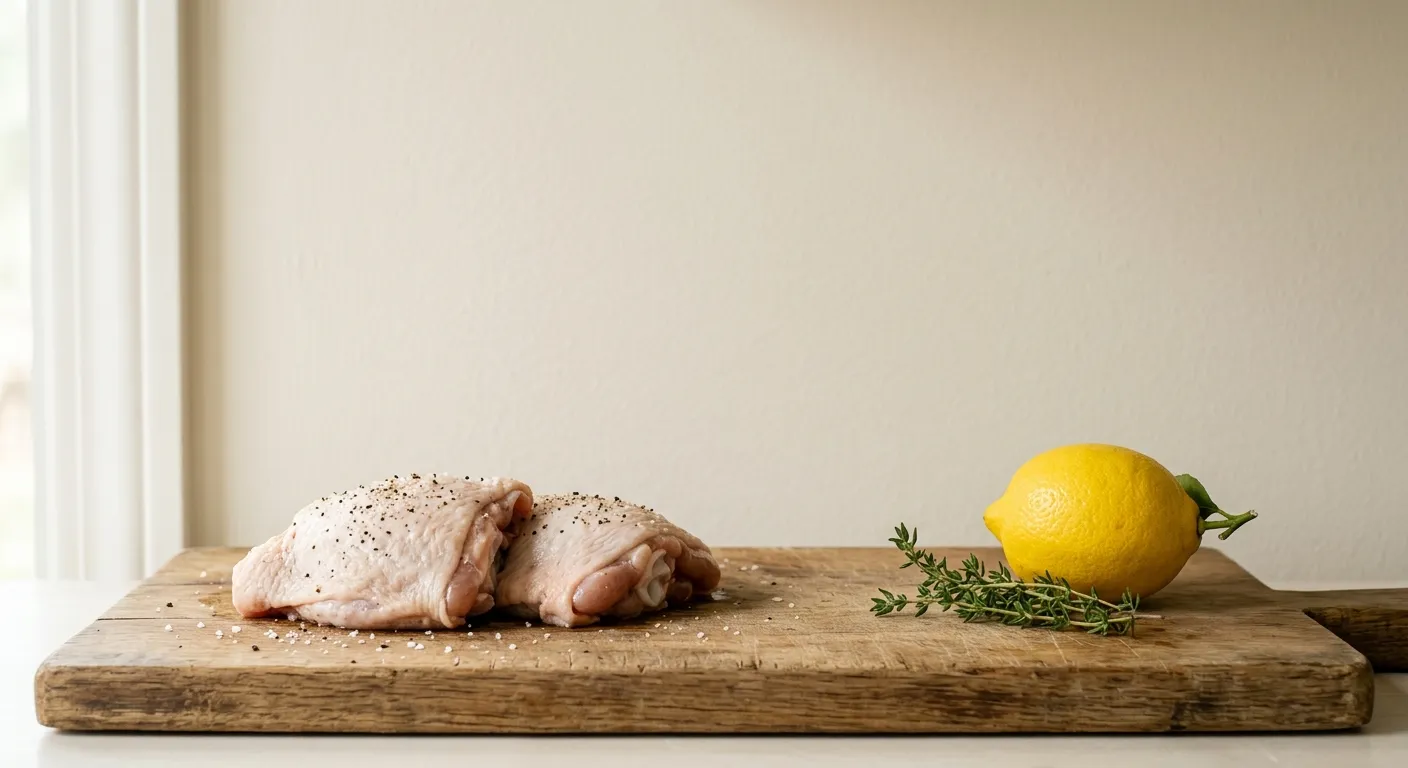 Chicken thighs, a lemon and a sprig of thyme on a wooden board