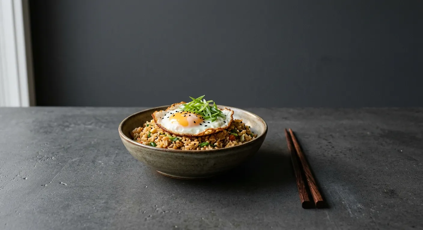 A bowl of fried rice with a fried egg and spring onion on a kitchen counter