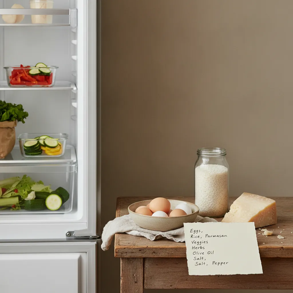 Open fridge and a kitchen counter with leftover vegetables, eggs, rice and a handwritten list of ingredients