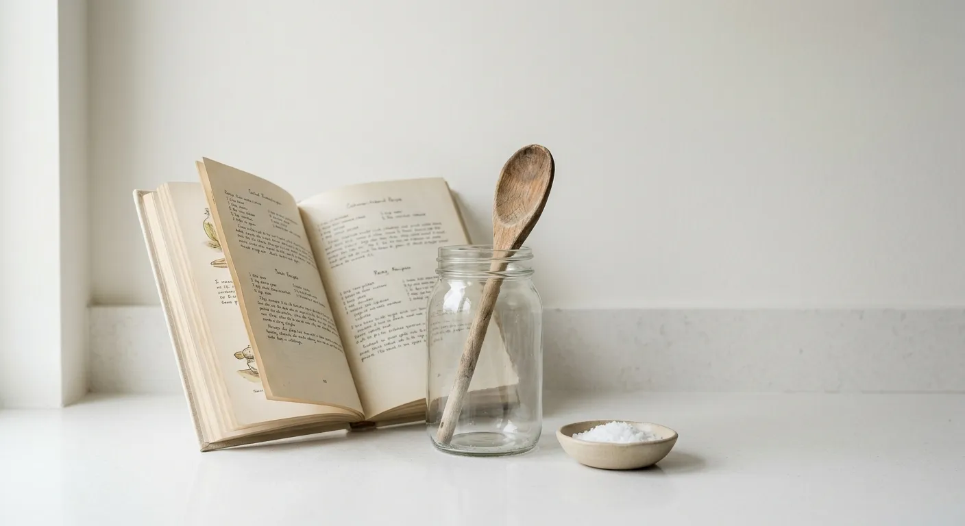 An open cookbook propped against a jar, with a wooden spoon beside it