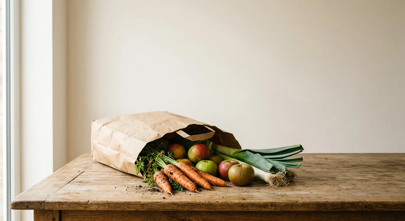 A kitchen table with a paper bag of seasonal vegetables, dirt still on the carrots