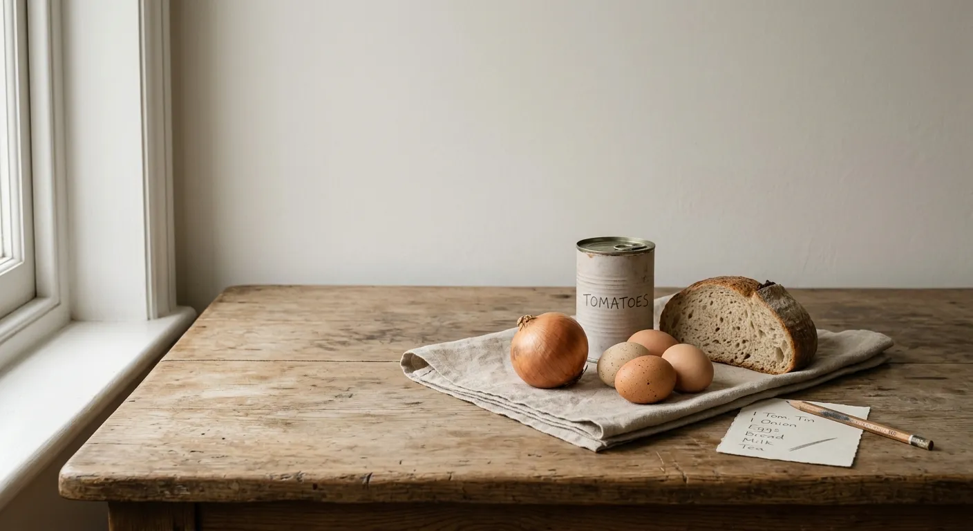 A kitchen counter with a few ticked-off pantry items: a tin of tomatoes, an onion, eggs and a heel of bread