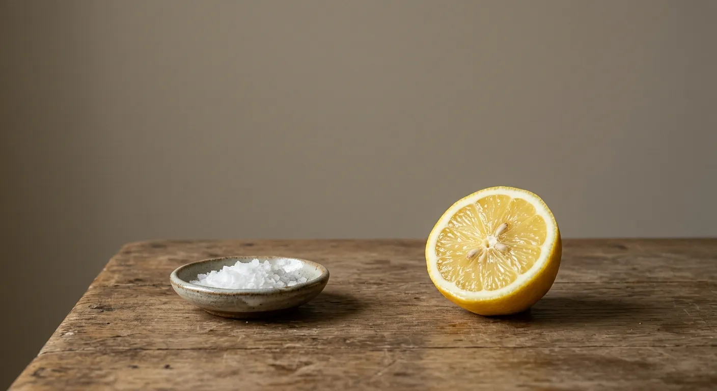 A lemon, a small dish of salt and a pepper mill on a wooden table