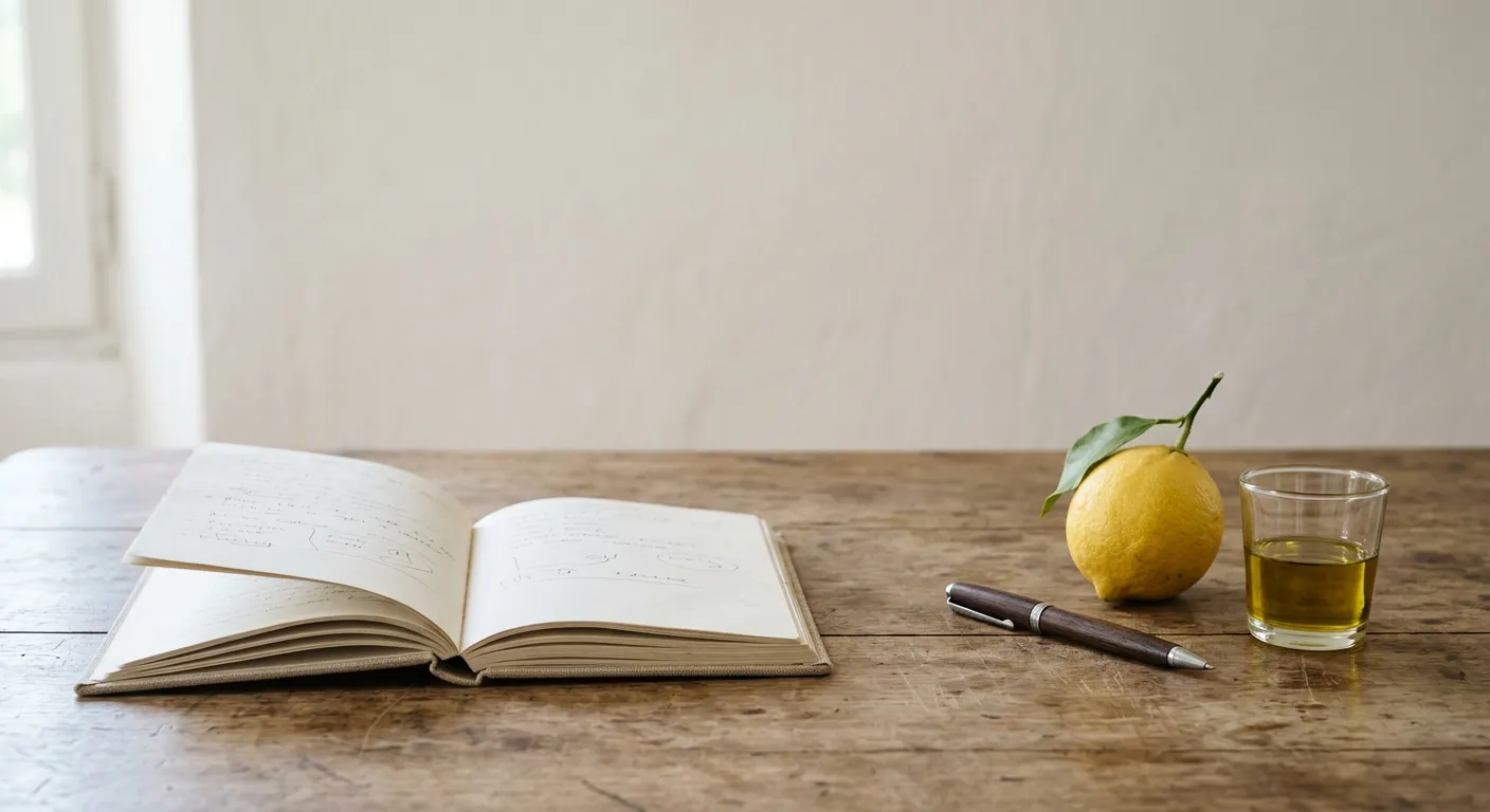 Un carnet de recettes ouvert à côté d'un stylo et d'un citron, sur une table de cuisine