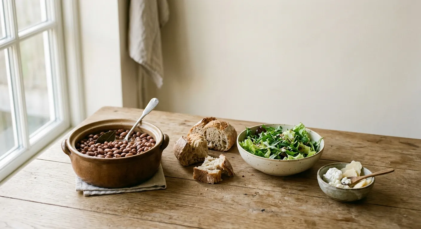A shared table with a pot of beans, bread, and a small dish of cheese on the side