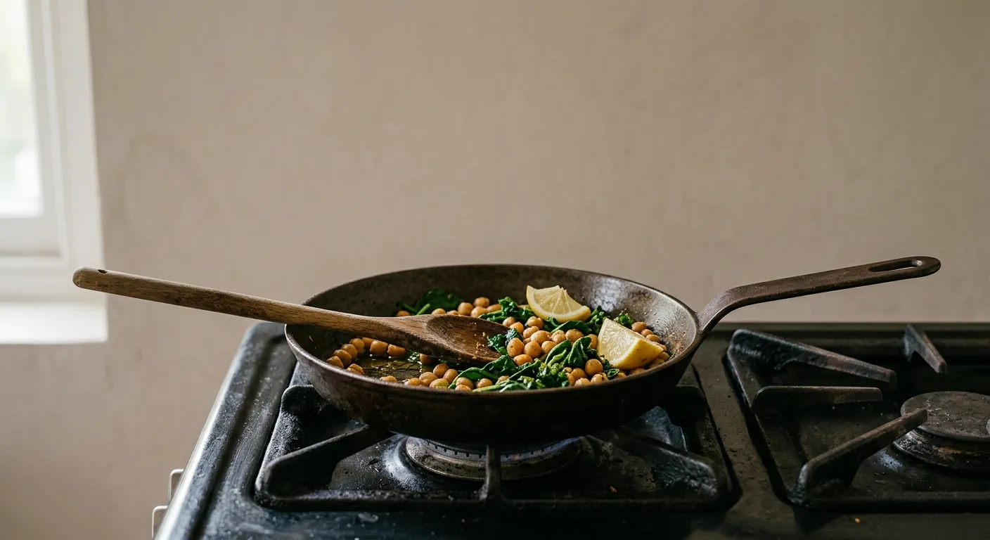 A pan of chickpeas, greens and lemon on a weeknight stove